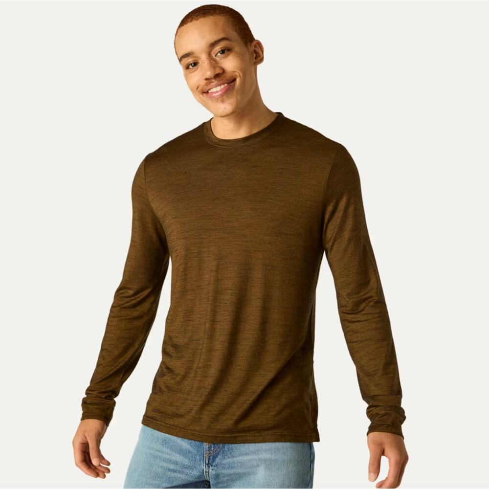 bombas men's brown merino wool blend crew neck long sleeve t shirt toffee